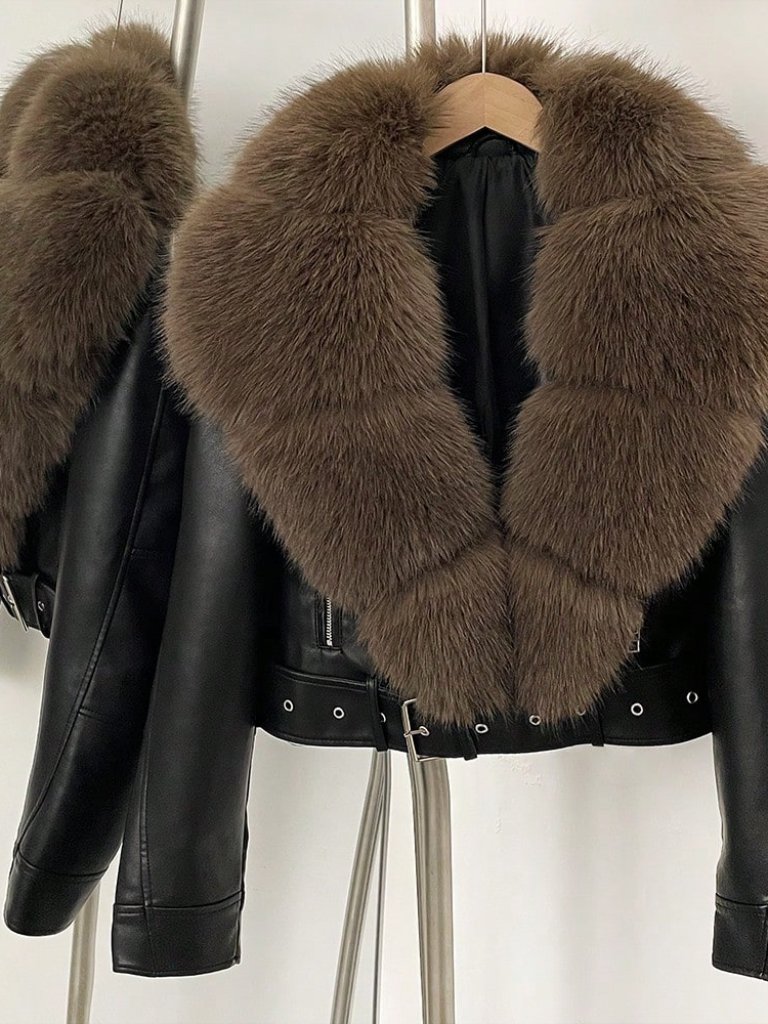 Black Casual Women's Jacket With Faux Fur Collar